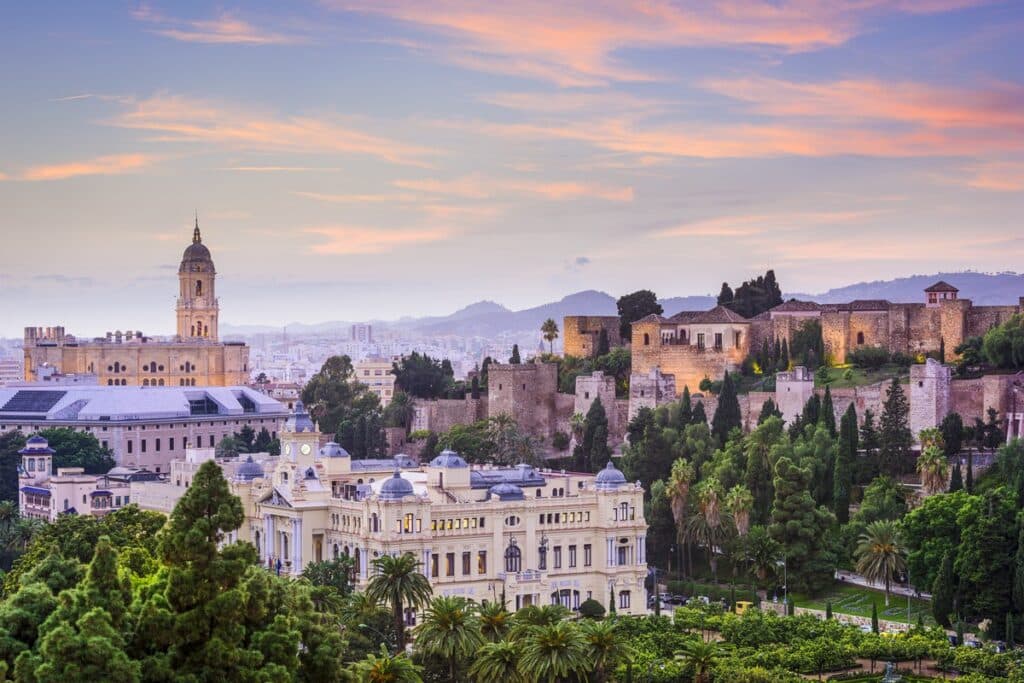 Malaga,,Spain,Cityscape,At,The,Cathedral,,City,Hall,And,Alcazaba