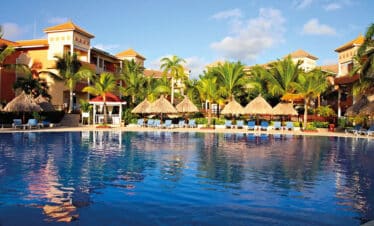 Vue incroyable sur la piscine encadrée par les transats