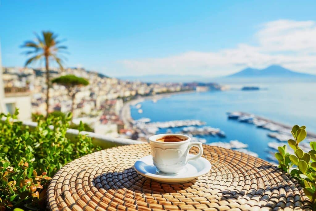 Cup,Of,Fresh,Espresso,Coffee,In,A,Cafe,With,View