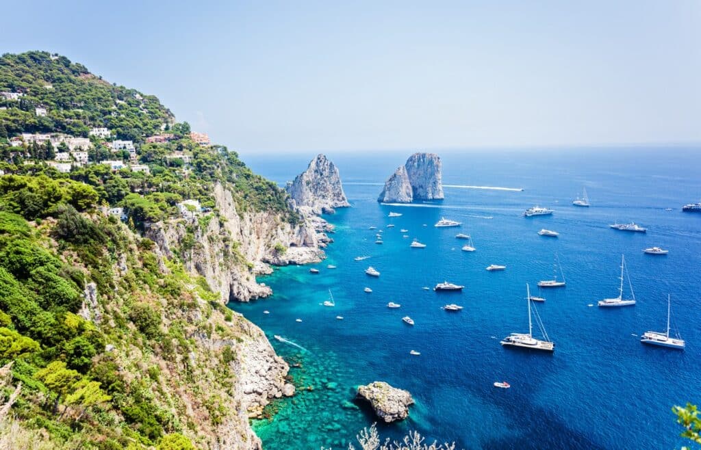 Faraglioni,Rocks,Visible,From,Giardini,Di,Augusto,In,Capri,,Italy.